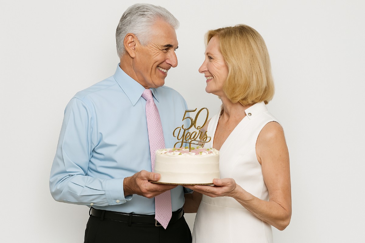 Un couple senior souriant et tenant un gâteau surmonté de l'inscription 50 years, symbolisant leurs noces d’or. Parfait pour illustrer 50 ans de mariage, amour durable et anniversaire de mariage inoubliable.